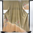 訪問着 身丈157cm 裄丈62cm S 袷 落款あり 枝花 菊 染め分け ぼかし 薄茶色 正絹 秀品 【中古】