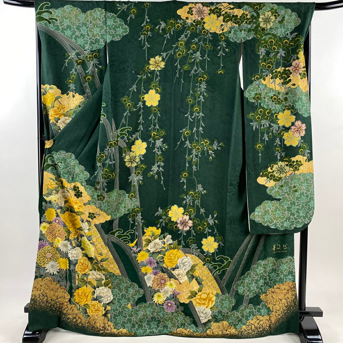 振袖 身丈171cm 裄丈68cm L 袷 花徒然 椿 菊 箔 金銀彩 深緑 正絹 美品 名品 【中古】
