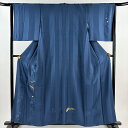 付下げ 身丈158.5cm 裄丈64.5cm M 袷 鳥 花唐草 螺鈿 刺繍 藍色 正絹 名品 【中古】