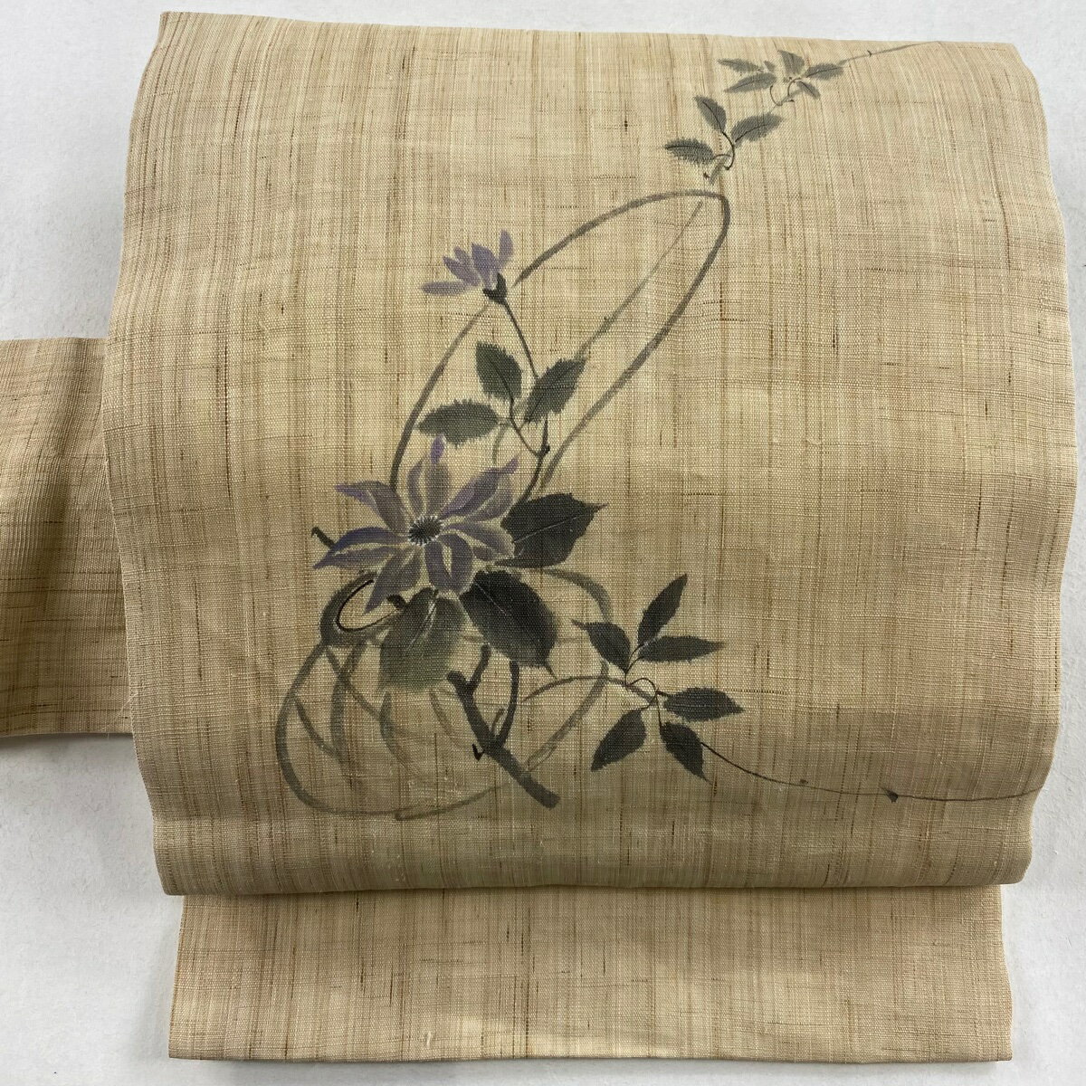 袋名古屋帯 美品 名品 花籠 ベージュ 麻 【中古】
