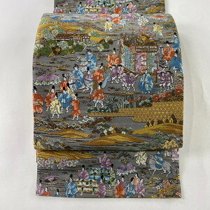 袋帯 美品 秀品 京蒔絵時代行列 神輿 人物 金糸 箔 灰色 お太鼓柄 正絹 【中古】