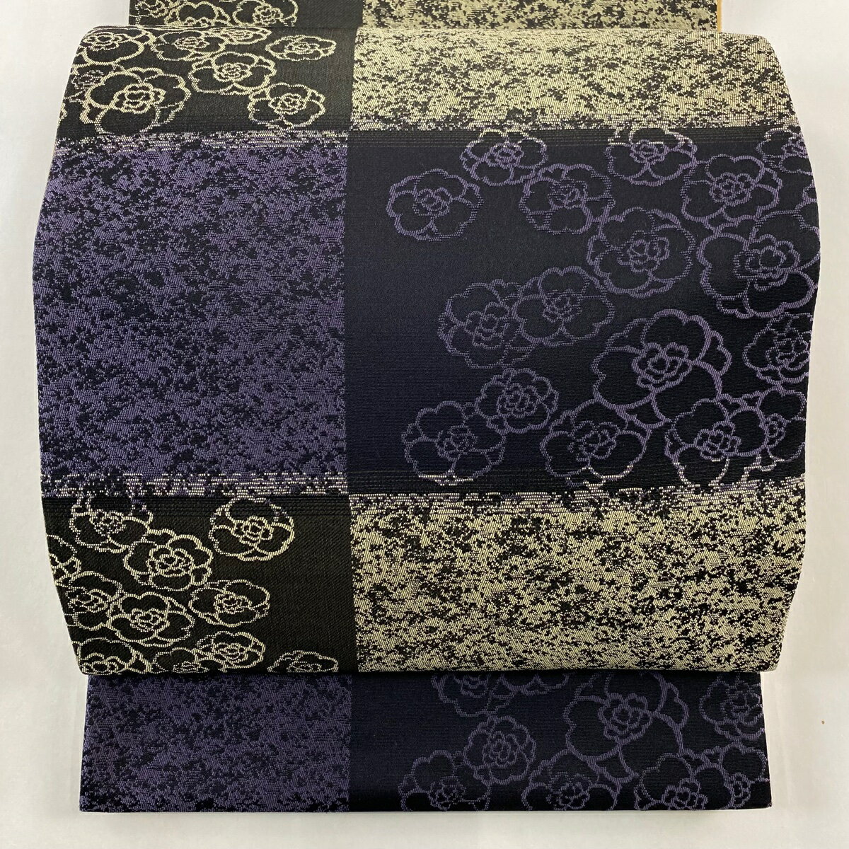 袋名古屋帯 美品 逸品 想屋 花 変わり市松 黒 正絹 【中古】