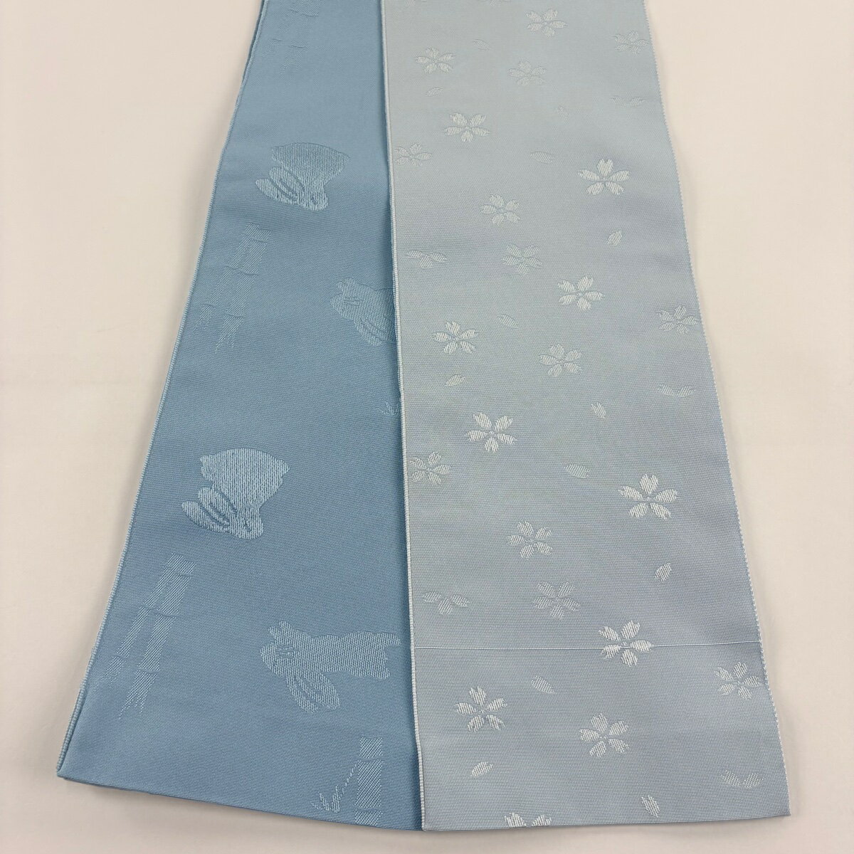 半幅帯 優品 桜 水色 化繊 【中古】