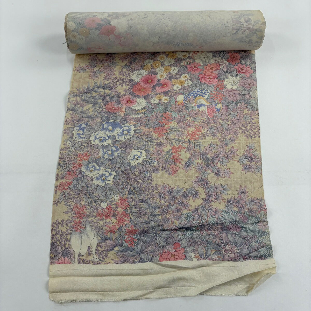 反物 秀品 小紋 草花 鴛鴦 薄茶色 正絹 【中古】