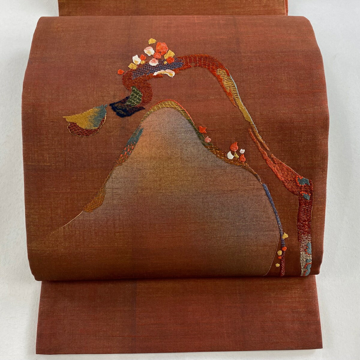 袋名古屋帯 美品 秀品 幾何学 箔 刺繍 赤茶 正絹 【中古】