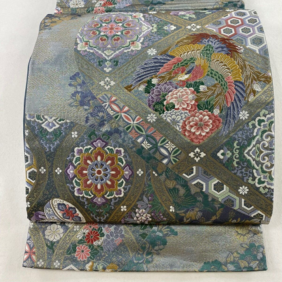 袋帯 美品 秀品 華文 鳥 箔 灰緑 六通 正絹 【中古】