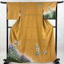 付下げ 身丈164cm 裄丈66cm M 袷 雪輪 花鳥 螺鈿 金銀彩 山吹茶色 正絹 秀品 【中古】