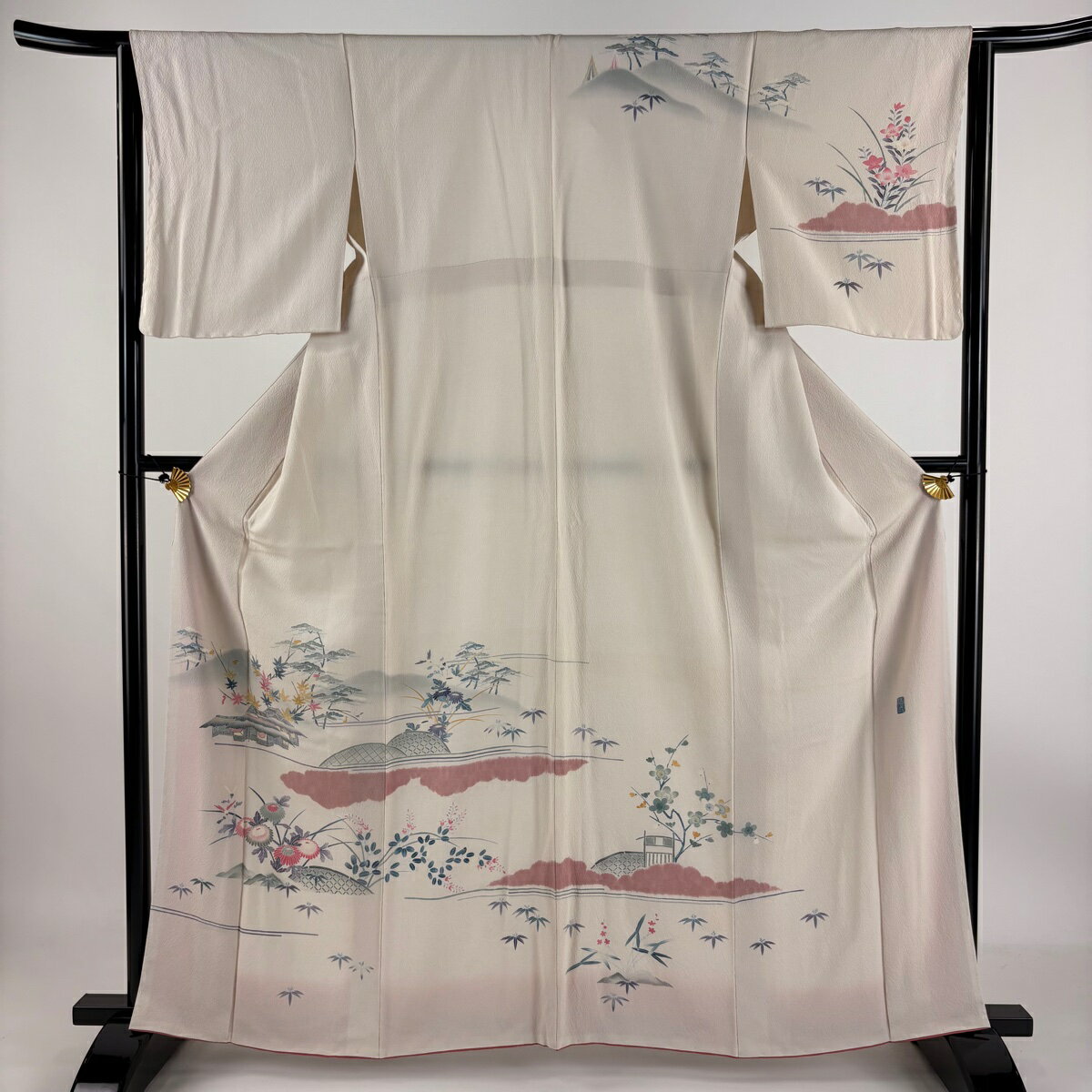 訪問着 身丈163.5cm 裄丈64cm M 袷 落款あり 家屋 松竹梅 絞り ぼかし クリーム 正絹 美品 秀品 【中古】