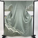 付下げ 身丈161cm 裄丈64.5cm M 袷 花鳥 山並み 刺繍 絞り 灰緑 正絹 美品 秀品 【中古】