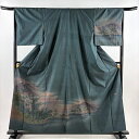 付下げ 身丈160cm 裄丈67cm M 袷 紬地 落款あり 風景 清水寺 深緑 正絹 美品 秀品 【中古】
