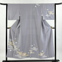 訪問着 身丈150cm 裄丈62cm S 袷 霞 草花 絞り 刺繍 灰紫 正絹 秀品 【中古】