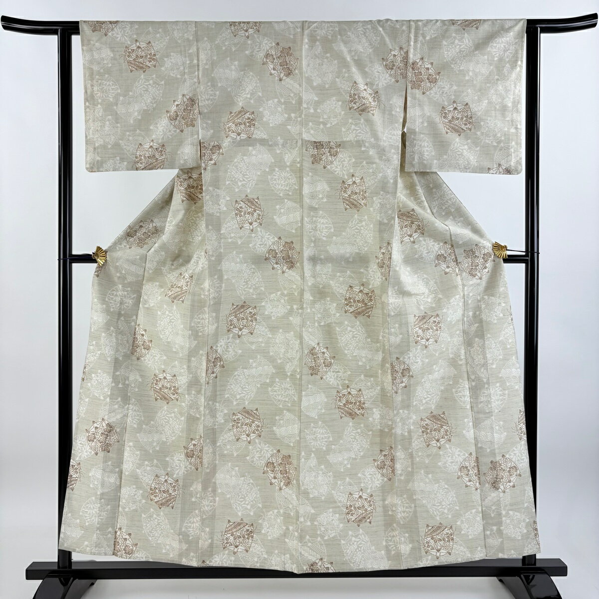 紬 身丈158cm 裄丈62.5cm S 単衣 糸巻 草花 灰緑 正絹 秀品 【中古】 msp29