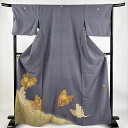 色留袖 身丈167cm 裄丈67.5cm L 袷 落款あり 若松 松ぼっくり 金糸 金彩 灰色 正絹 名品 三つ紋 【中古】