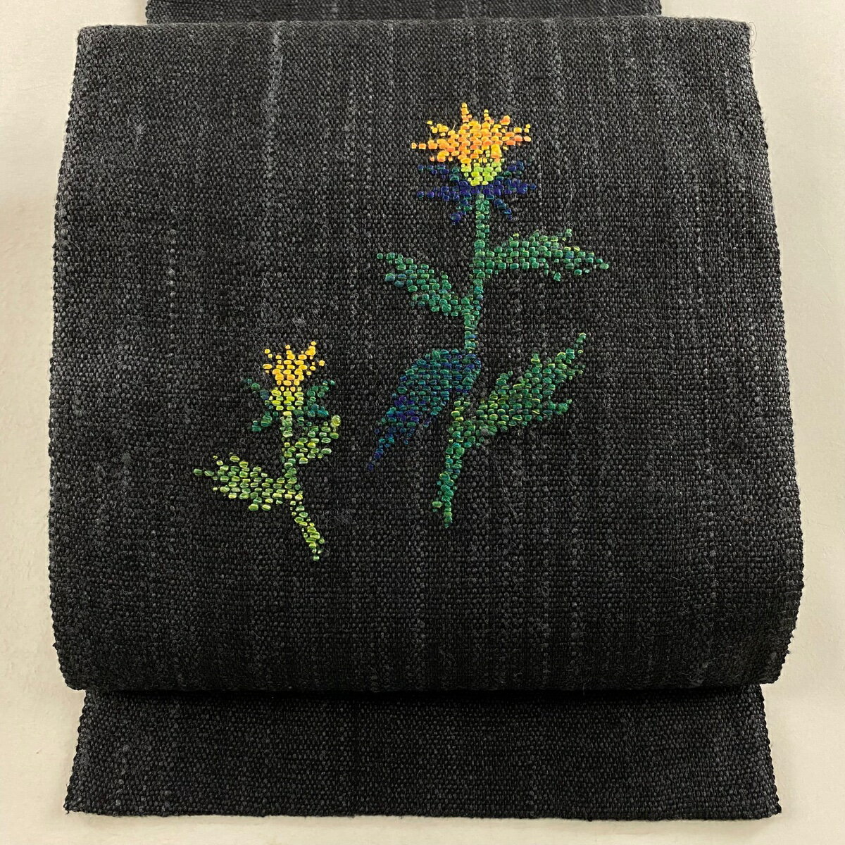 名古屋帯 美品 秀品 八寸名古屋帯松葉仕立て 花 墨色 正絹 【中古】