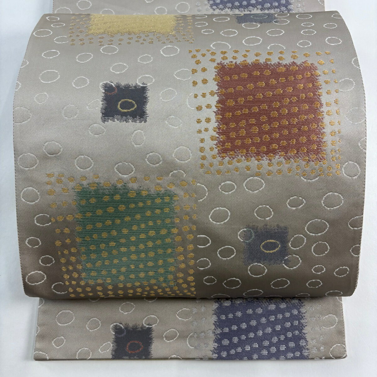 袋帯 美品 逸品 となみ織物 落款あり となみ帯 四角柄 丸柄 金糸 灰茶 六通 正絹 【中古】(4)