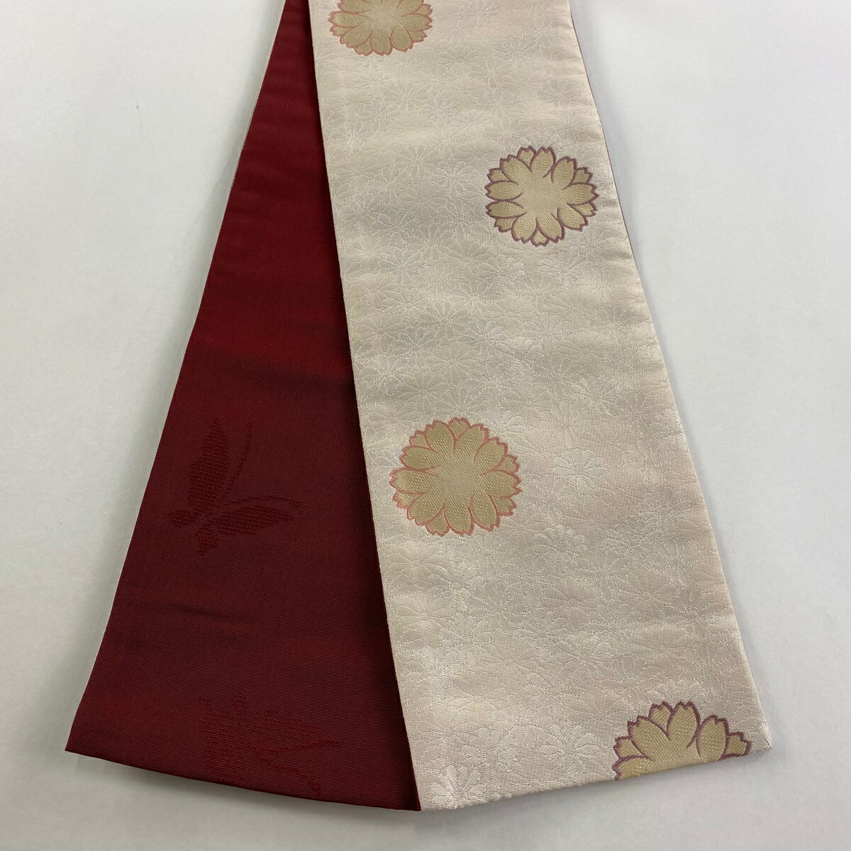 半幅帯 優品 八重桜 菊 ピンクベージュ 化繊 【中古】