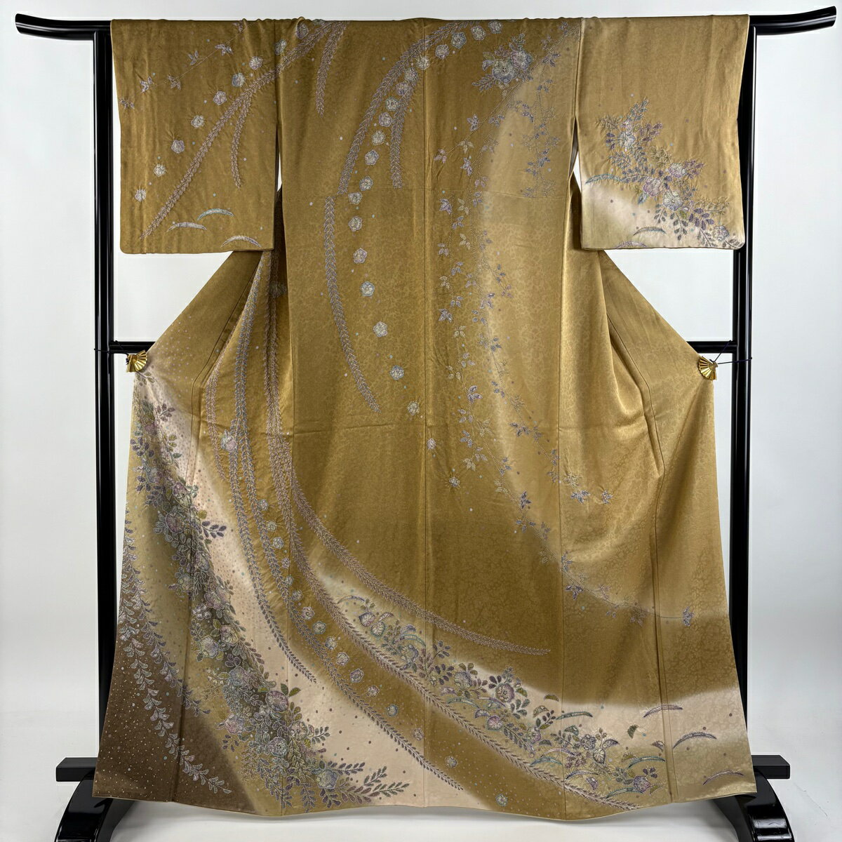 訪問着 身丈164cm 裄丈65.5cm M 袷 辻が花柄 絞り 金彩 山吹茶色 正絹 逸品 【中古】(4)