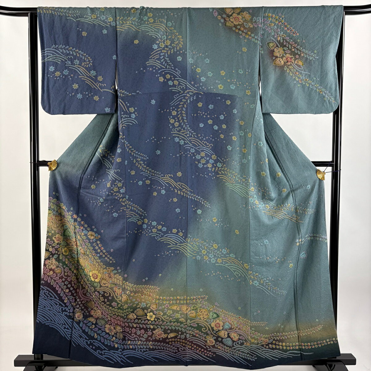 訪問着 身丈159cm 裄丈65cm M 袷 辻が花柄 波 絞り 金通し 青灰色 正絹 逸品 【中古】 msp50
