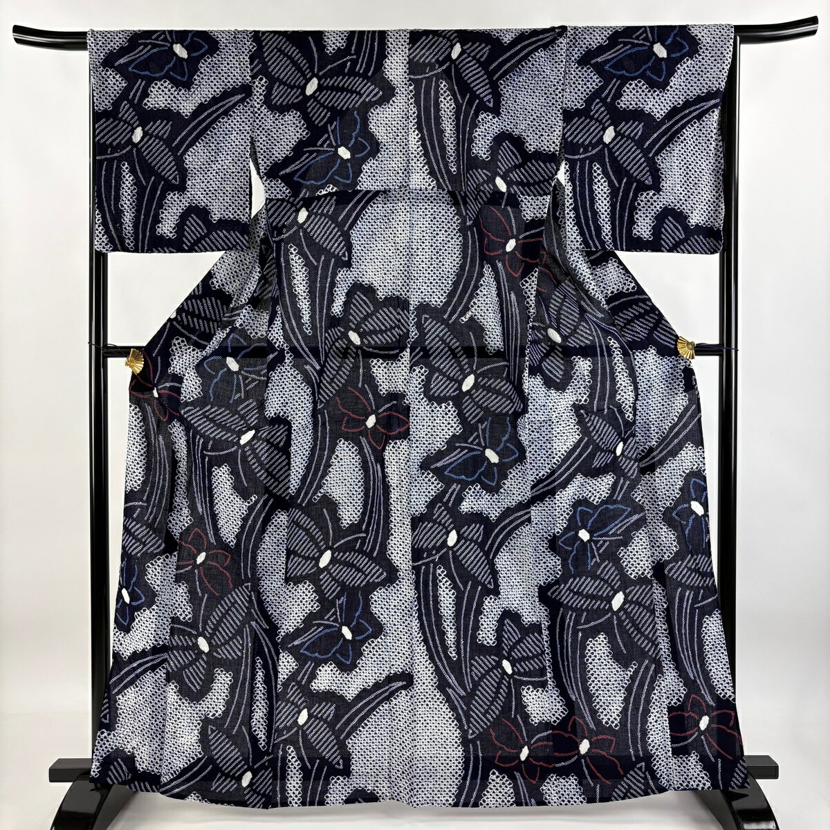 浴衣 身丈163cm 裄丈63cm S 絞り浴衣 蝶 濃紺 綿 名品 【中古】 msp50