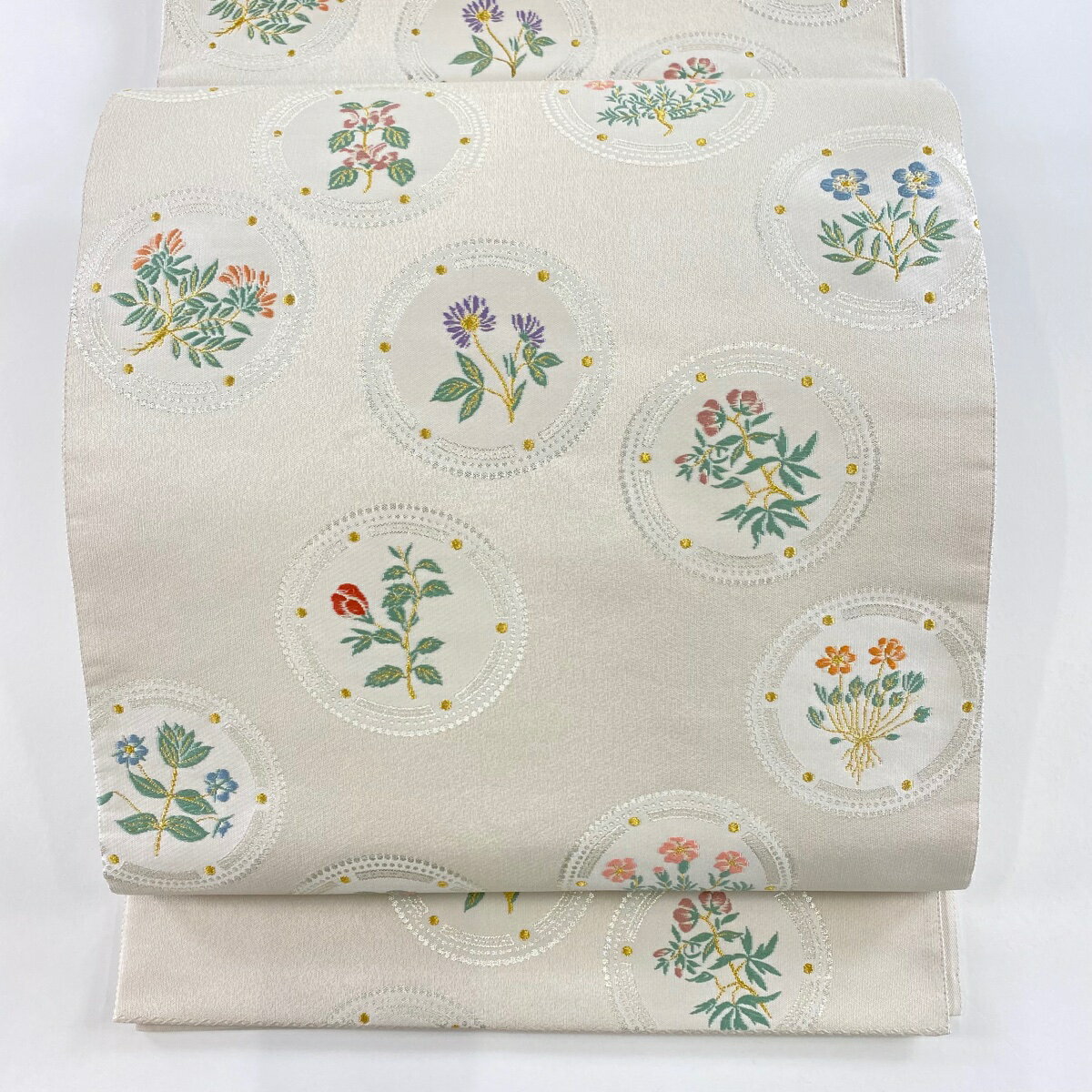 袋帯 秀品 丸文 草花 刺繍 金糸 灰白 六通 正絹 【中古】