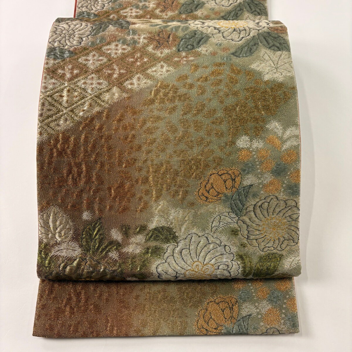 袋名古屋帯 美品 秀品 辻が花柄 菱 金糸 箔 鶯色 正絹 【中古】