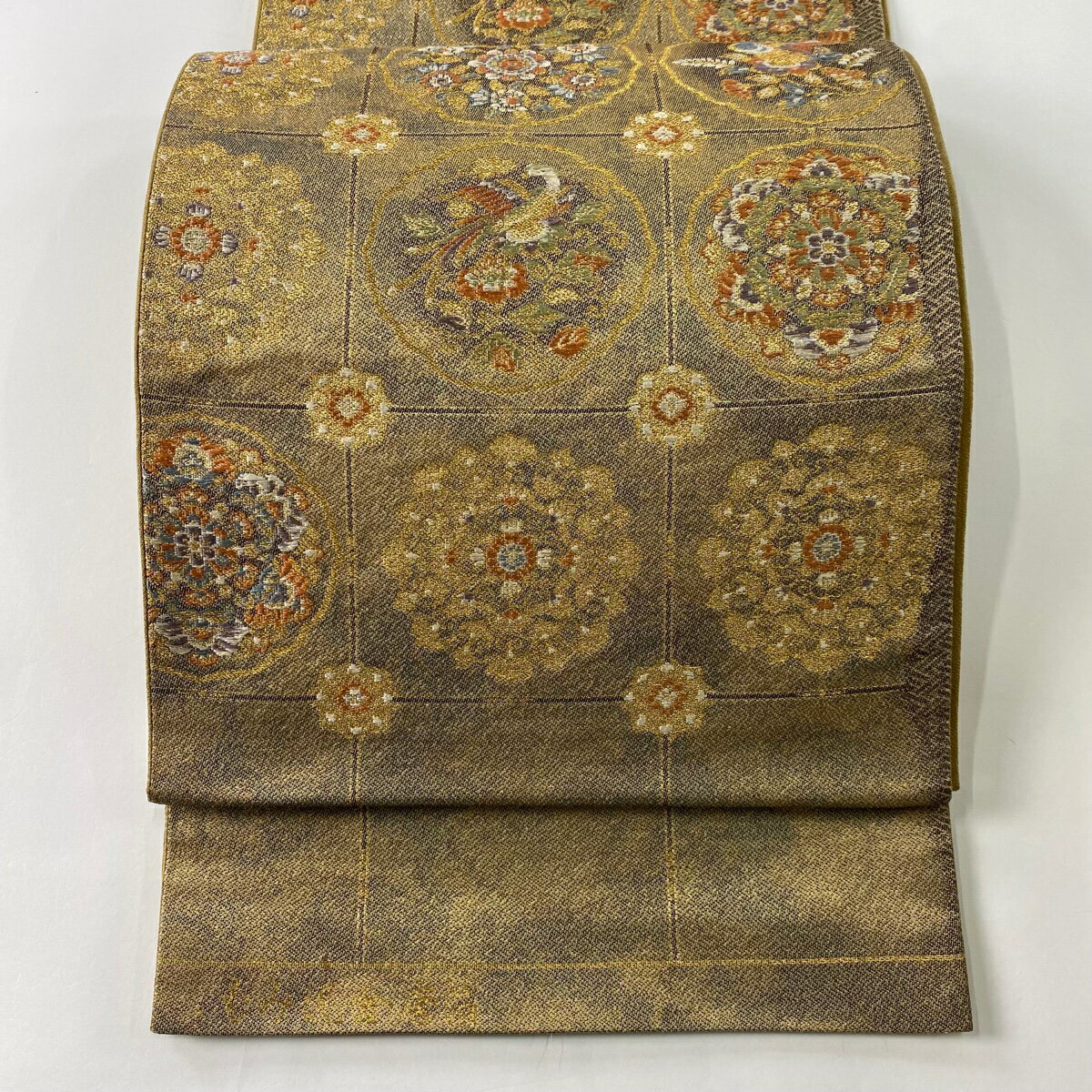 袋帯 秀品 もみ泥金唐箔 華文 花鳥 金糸 箔 薄茶色 六通 正絹 【中古】