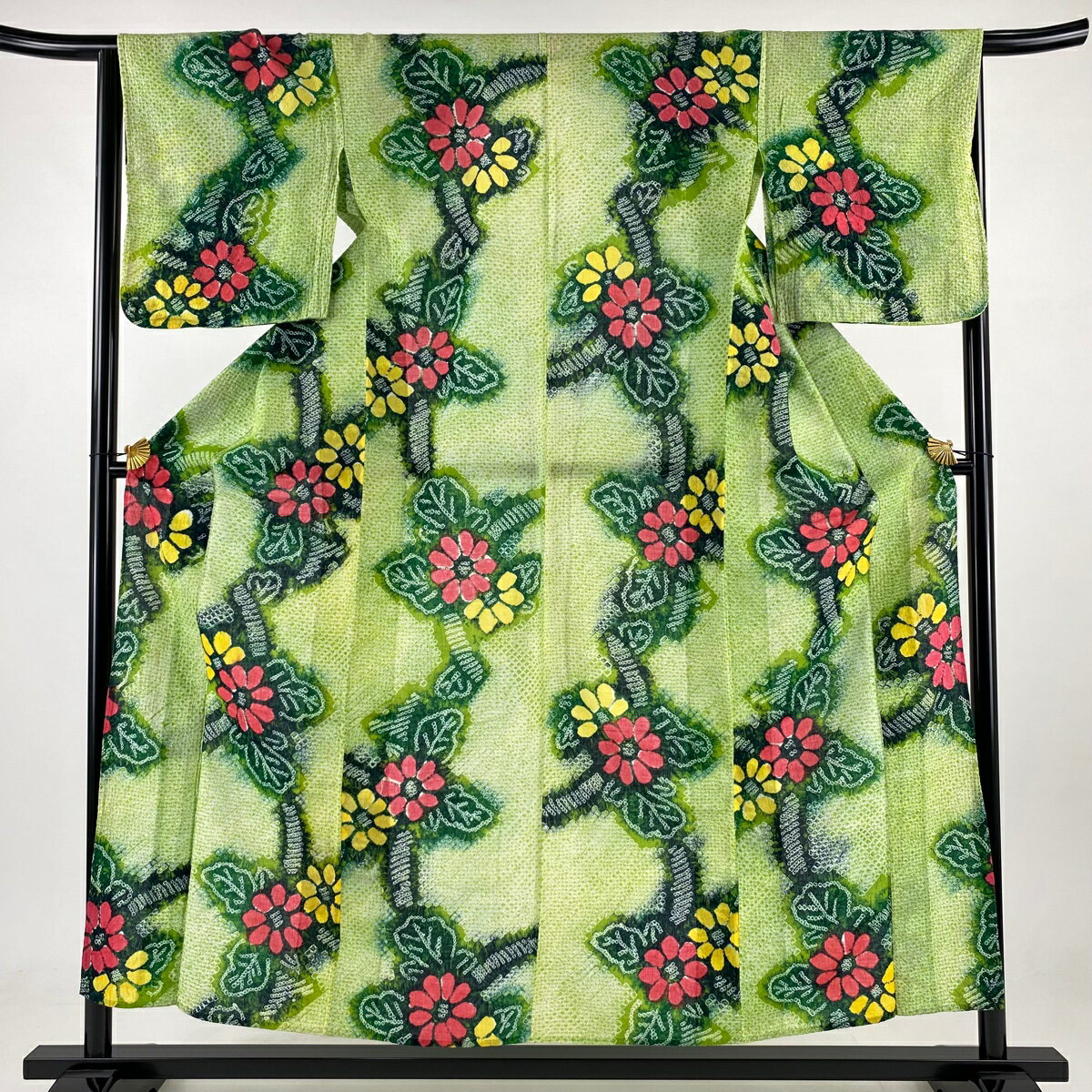 浴衣 身丈155cm 裄丈65cm M 絞り浴衣 草花 鶯色 綿 名品 【中古】 msp50