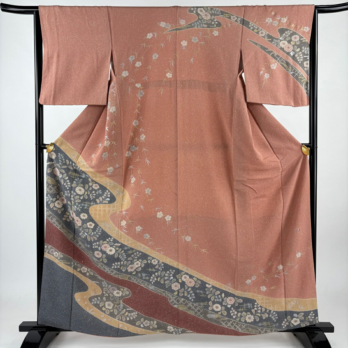 訪問着 身丈161.5cm 裄丈65cm M 袷 落款あり 辻が花柄 霞 金銀彩 サーモンピンク 正絹 秀品 【中古】