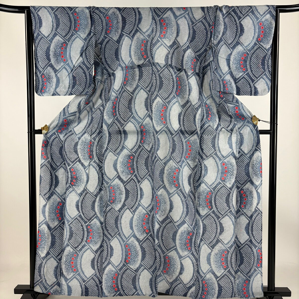 浴衣 身丈160cm 裄丈66cm M 絞り浴衣 幾何学 青灰色 綿 名品 【中古】 msp50