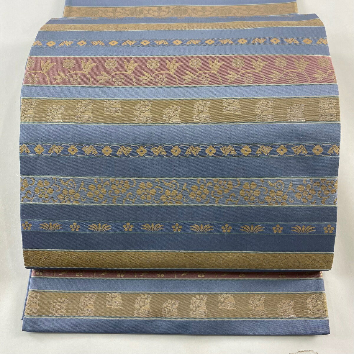 袋名古屋帯 美品 秀品 名物裂文様 箔 青灰色 正絹 【中古】