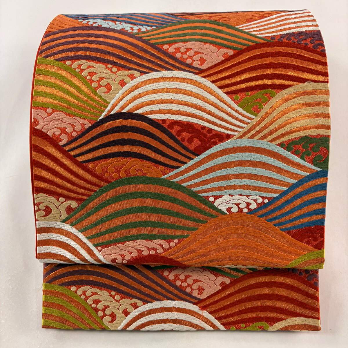 袋帯 名品 河合美術織物 落款あり 波 波頭 唐織 箔 朱色 六通 正絹 【中古】 msp50(4)