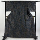 紬 身丈162.5cm 裄丈65cm M 袷 鳥 草花 紺色 正絹 美品 秀品 【中古】