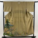 付下げ 身丈152cm 裄丈66cm M 袷 落款あり 風景 山並み 金銀彩 薄茶色 正絹 秀品 一つ紋 【中古】