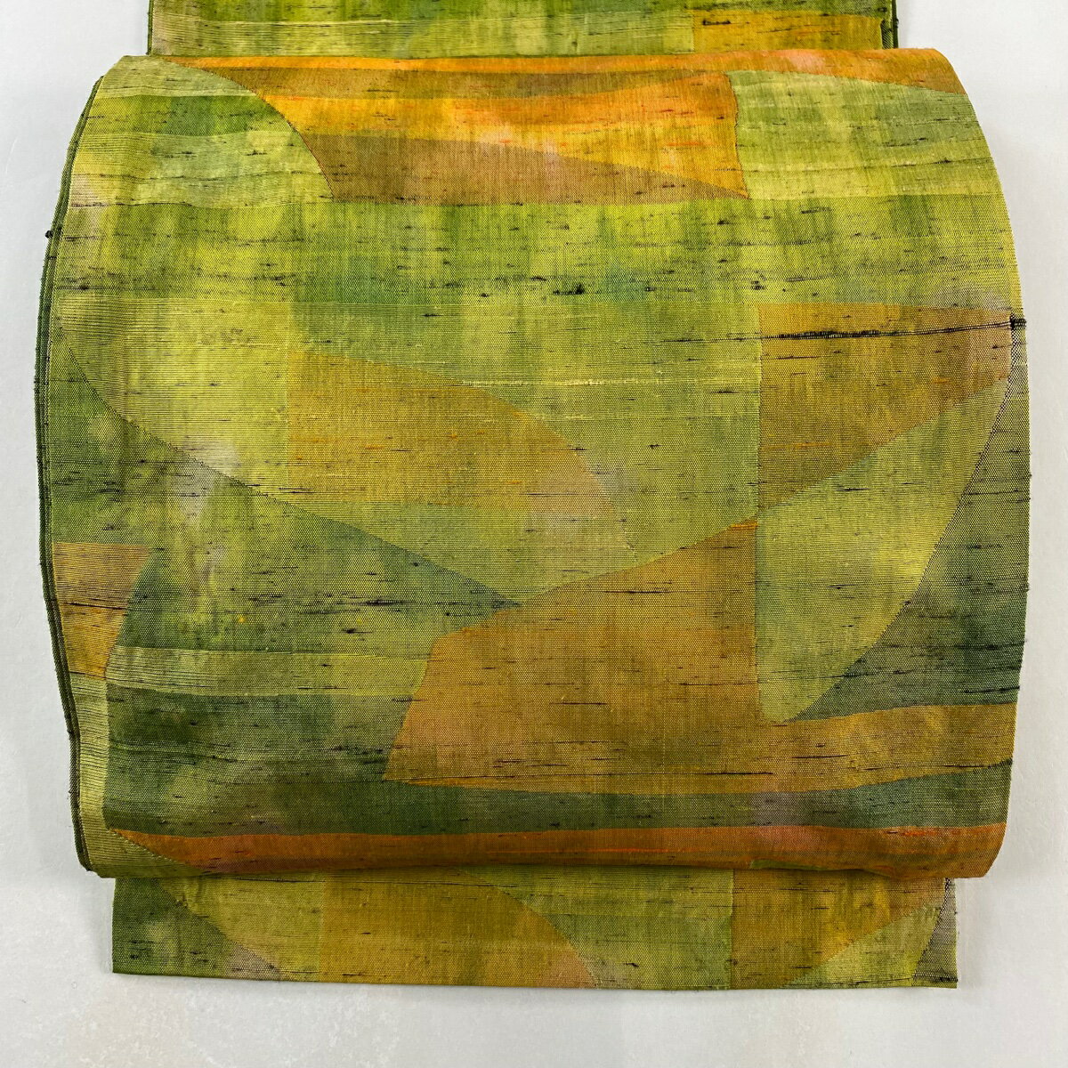 袋名古屋帯 美品 優品 紬地 幾何学模様 黄緑色 正絹 【中古】