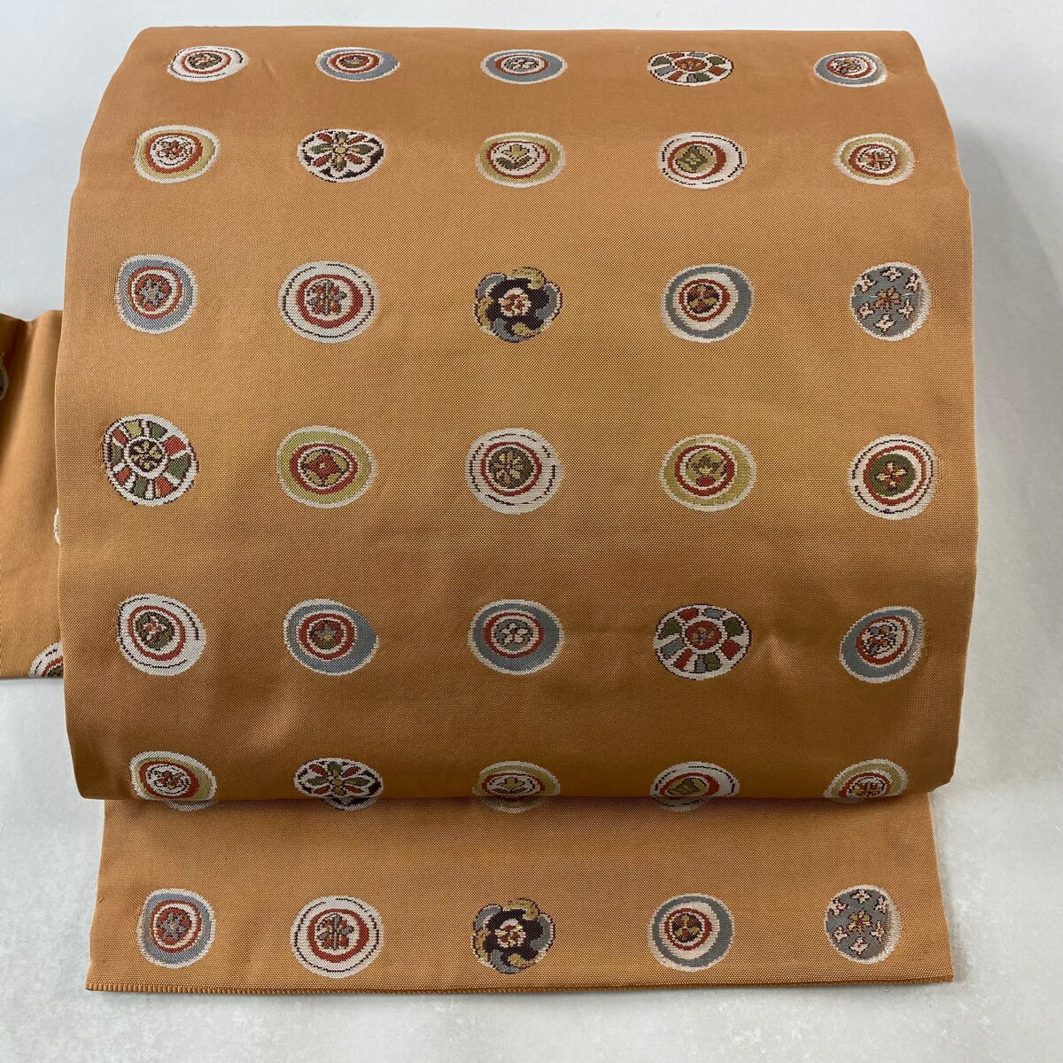 名古屋帯 美品 秀品 花 幾何学 箔 薄オレンジ 正絹 【中古】