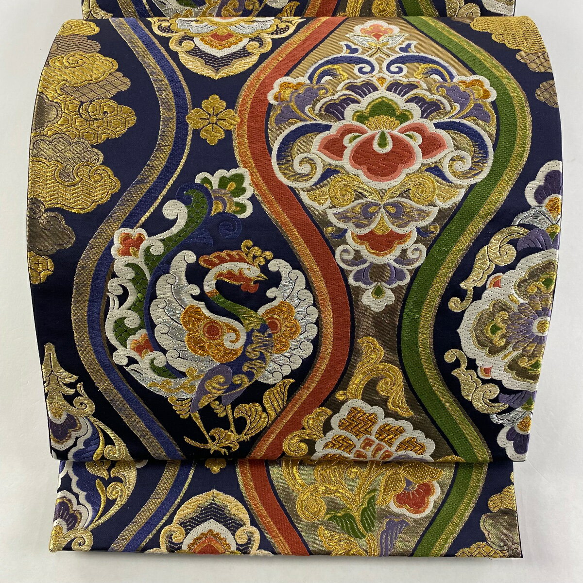 袋帯 秀品 立涌宝栄文 鳳凰 刺繍 金銀糸 濃紺 六通 正絹 【中古】