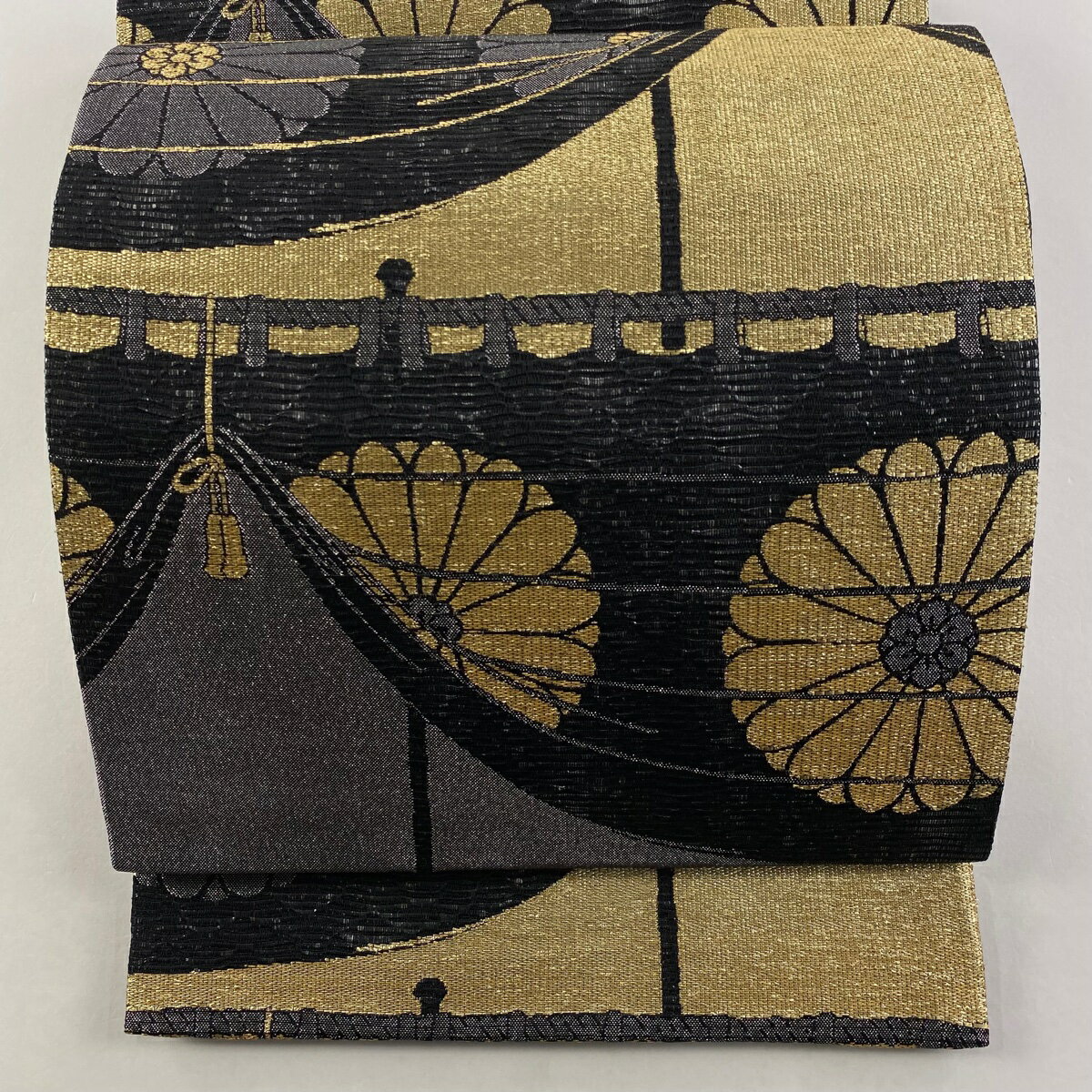 袋帯 美品 秀品 幔幕 花 箔 銀糸 黒 六通 正絹 【中古】