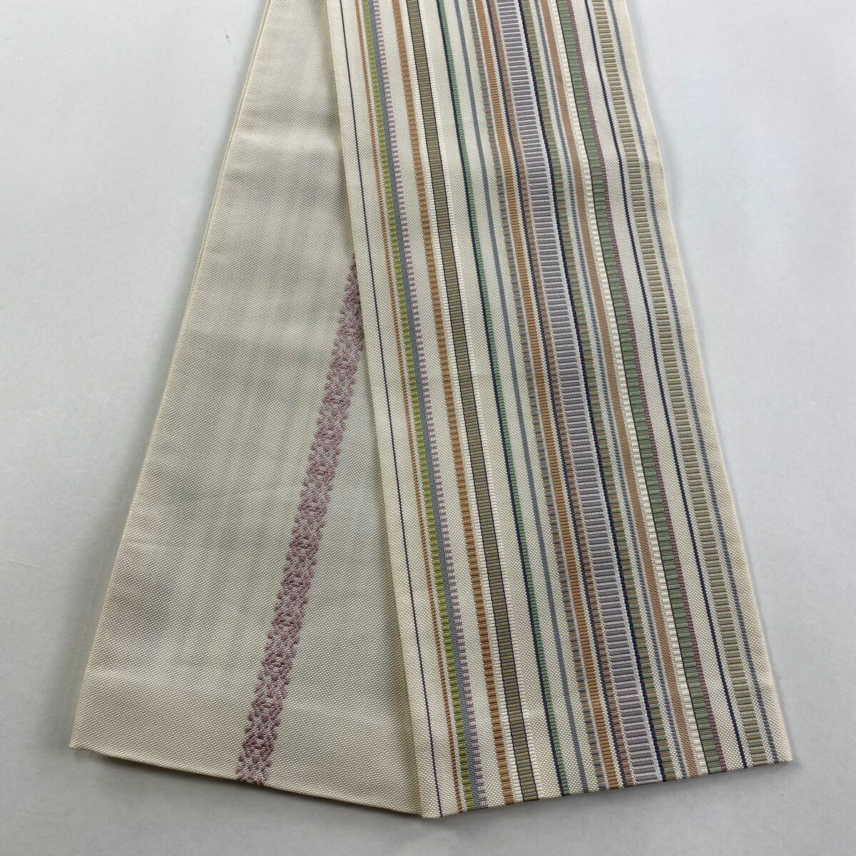 半幅帯 名品 縞 クリーム 正絹 【中古】