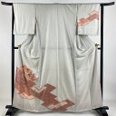 付下げ 身丈161.5cm 裄丈63.5cm S 袷 草花 片輪車 刺繍 絞り 灰白 正絹 美品 優品 【中古】