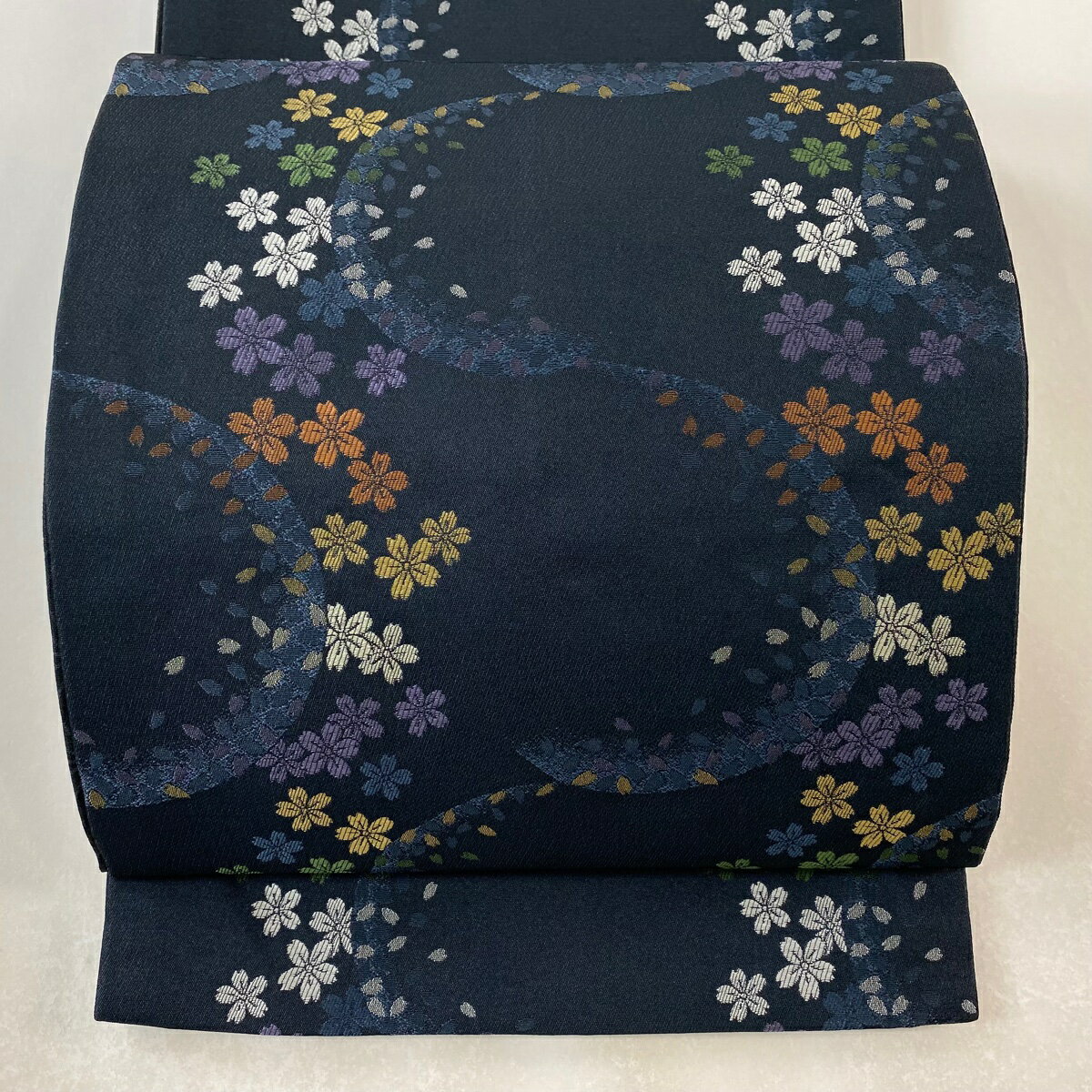 【美品】 袋名古屋帯 優品 桜 花びら 青灰色 全通 化繊 【中古】