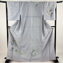 付下げ 身丈167cm 裄丈67cm M 袷 紬地 落款あり 草花 青灰色 正絹 秀品 【中古】