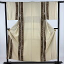【美品】 付下げ 身丈153.5cm 裄丈63cm S 袷 草花 縞 ベージュ 正絹 秀品 【中古】