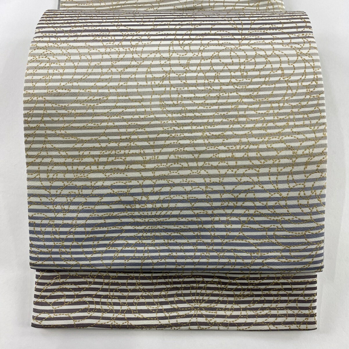 袋帯 名品 縞 菊 金彩 灰紫 全通 正絹 【中古】
