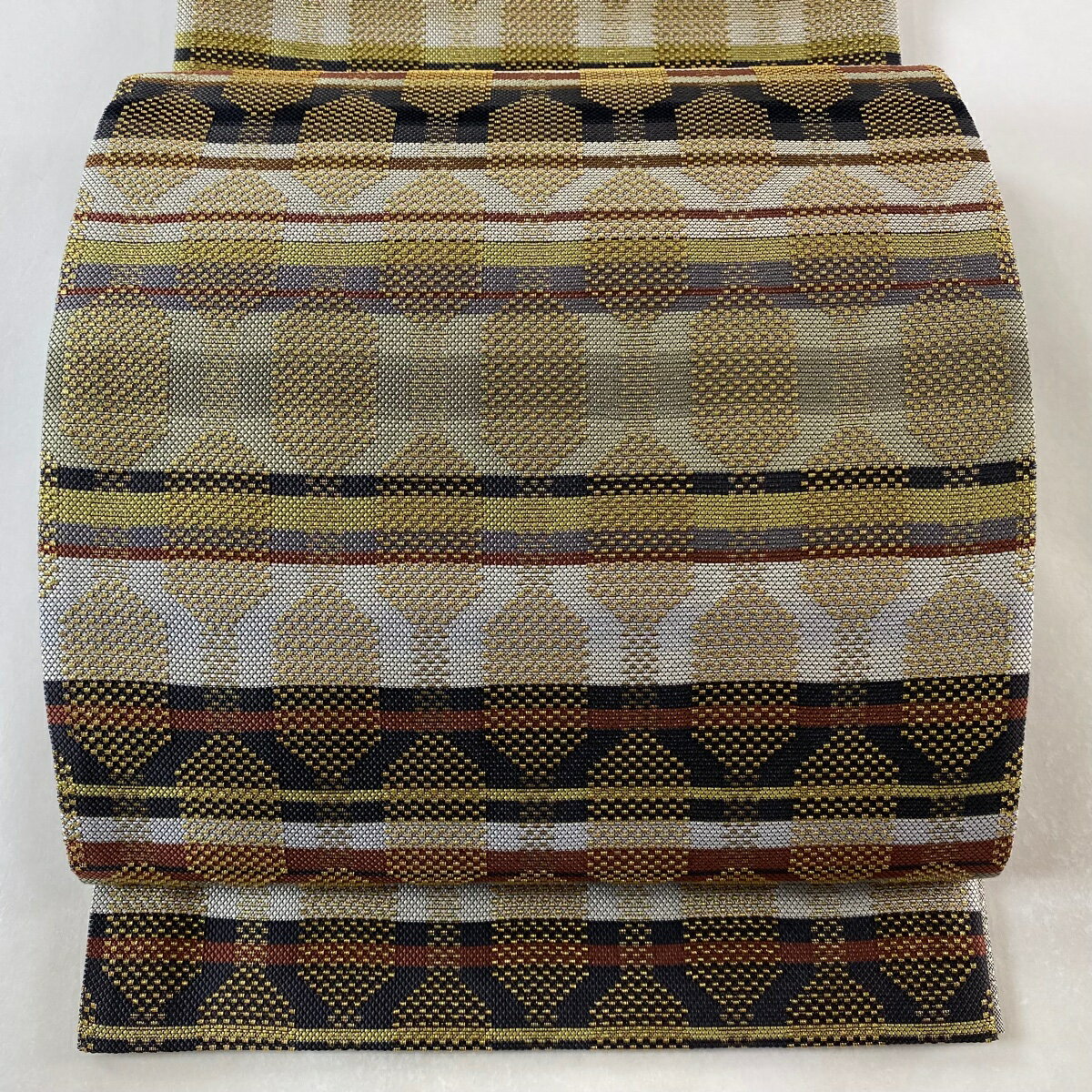 【美品】 袋帯 逸品 誉田屋源兵衛 落款あり 幾何学 縞 箔 灰色 六通 正絹 【中古】