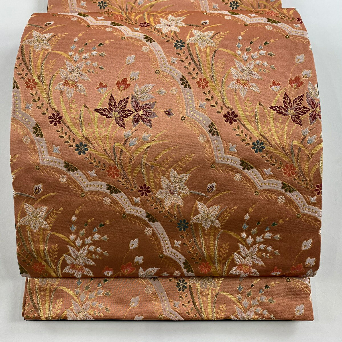 【美品】 袋名古屋帯 優品 草花 箔 サーモンピンク 化繊 【中古】