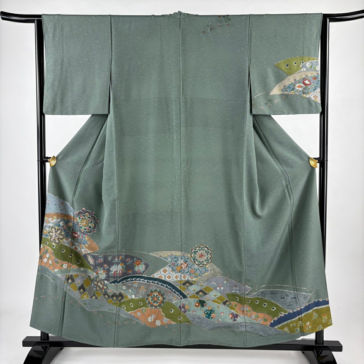 訪問着 身丈156cm 裄丈64cm M 袷 華文 花丸文 刺繍 金銀糸 灰緑 正絹 名品 【中古】(4)
