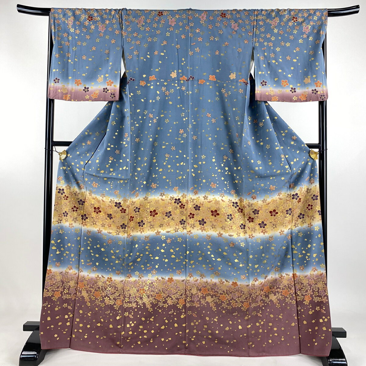 訪問着 身丈168.5cm 裄丈66.5cm M 袷 梅 幾何学模様 金彩 ぼかし 青灰色 正絹 秀品 【中古】