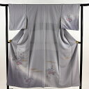 付下げ 身丈151.5cm 裄丈62cm S 袷 扇 草花 刺繍 金彩 薄紫 正絹 秀品 【中古】