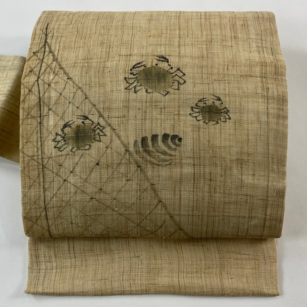名古屋帯 秀品 落款あり 夏帯 蟹 貝 ベージュ 麻 【中古】