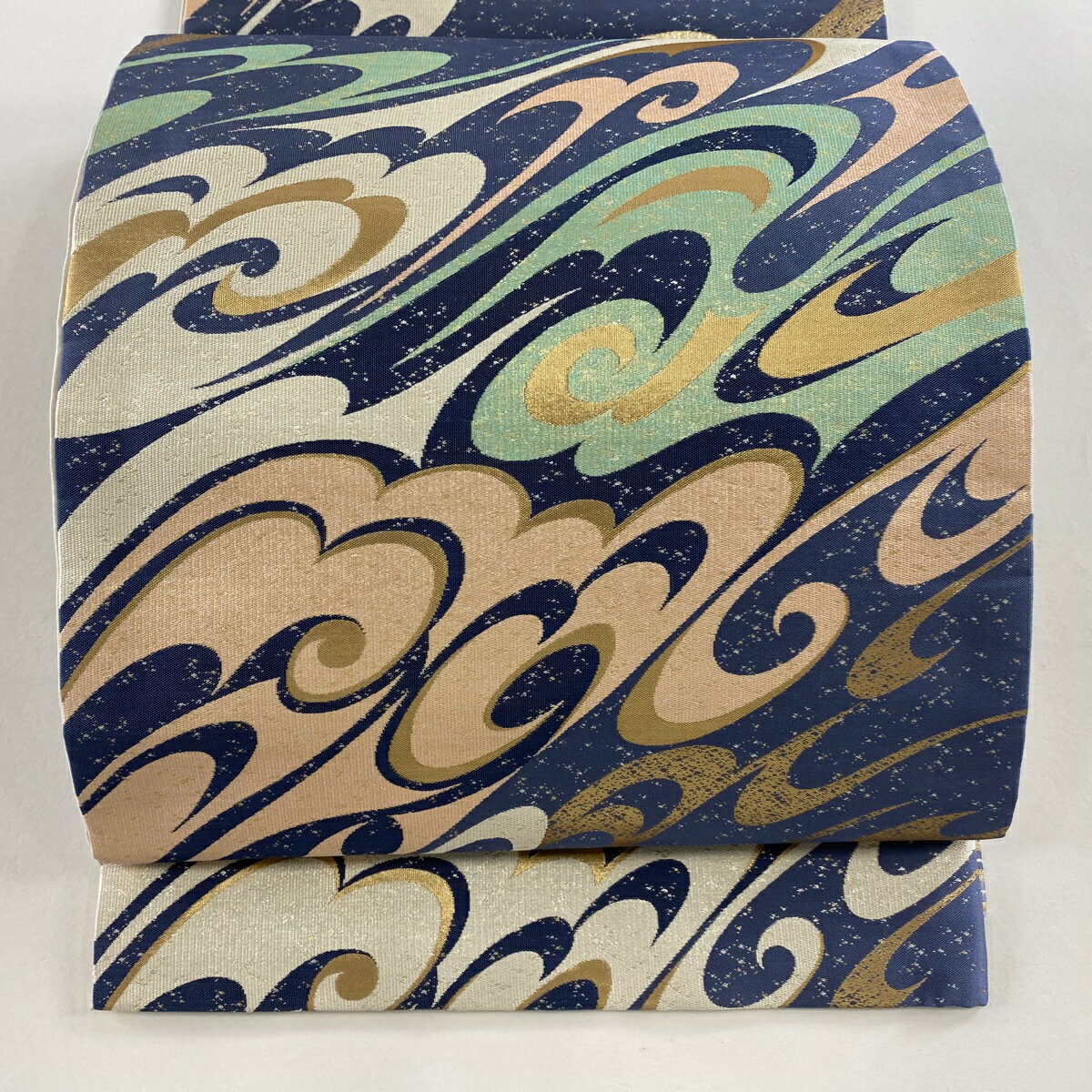 【美品】 袋名古屋帯 名品 リバーシブル 流水 幾何学 金銀糸 箔 薄紫 正絹 【中古】